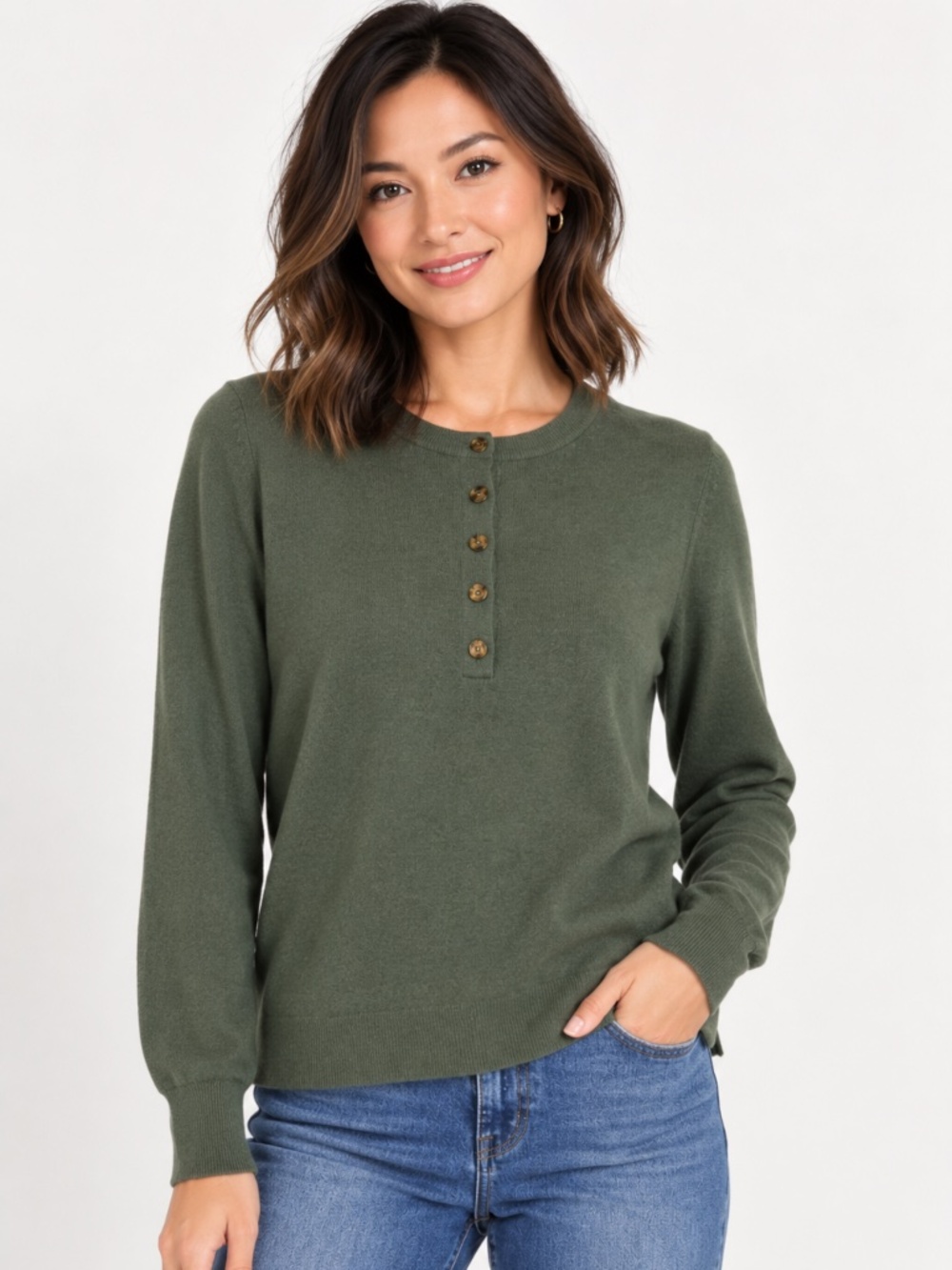 ***NEW*** White + Warren Cashmere Solid Henley, Sage, Size L
